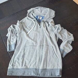 Men's hooded zip up sweatshirt.
